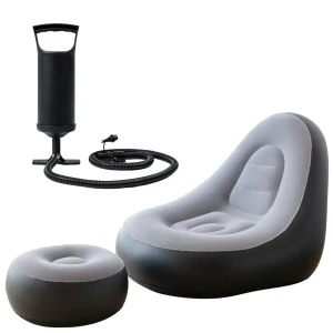 Fotel dmuchany z Podnóżkiem Leżak Plażowy Ogrodowy Pufa + Pompka (szary + czarny)