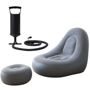 Fotel dmuchany z Podnóżkiem Leżak Plażowy Ogrodowy Pufa + Pompka (szary)