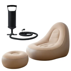 Fotel dmuchany z Podnóżkiem Leżak Plażowy Ogrodowy Pufa + Pompka (beżowy)