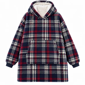 Kocobluza z Kapturem Oversize Granatowa w Czerwono-Białą Kratę