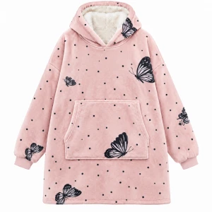 Kocobluza z Kapturem Oversize Pudrowy Róż w Czarne Motyle