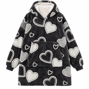 Kocobluza z Kapturem Oversize Czarna w Białe Serca